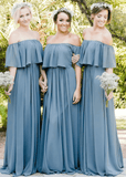 Bonnie | Simple Boho Strapless Dusty Blue Chiffon Maxi Bridesmaid Dress with Off the Shoulder - Dusty Blue - PROMDRESS Club