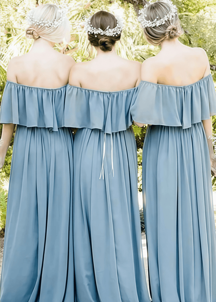 Bonnie | Simple Boho Strapless Dusty Blue Chiffon Maxi Bridesmaid Dress with Off the Shoulder - Price #price_variant_lowest# - Dusty Blue - PromDressClub