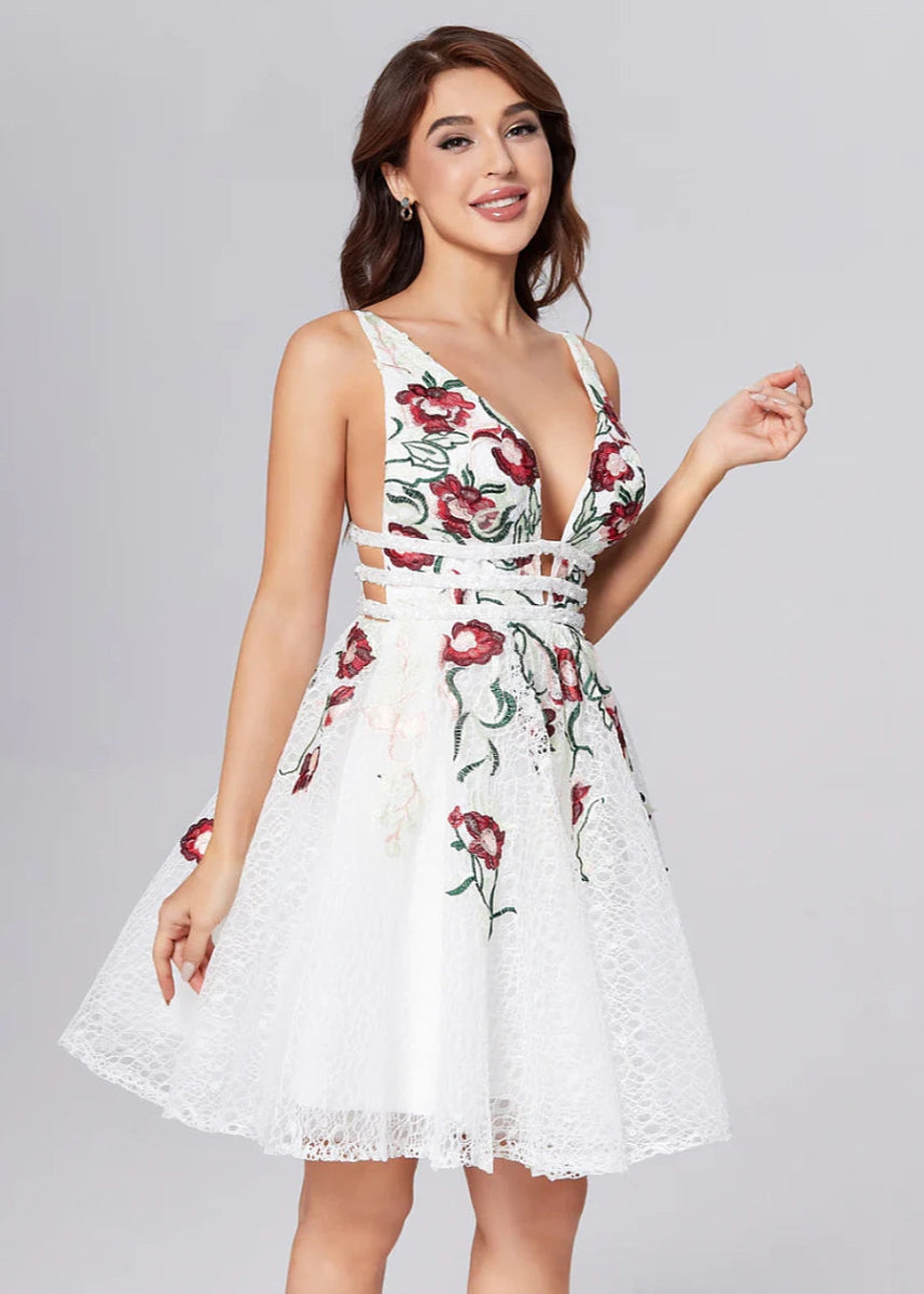 Boudicenia | Bold & Timeless White Homecoming Dress – Be Unforgettable This Fall - White Floral - PromDressClub