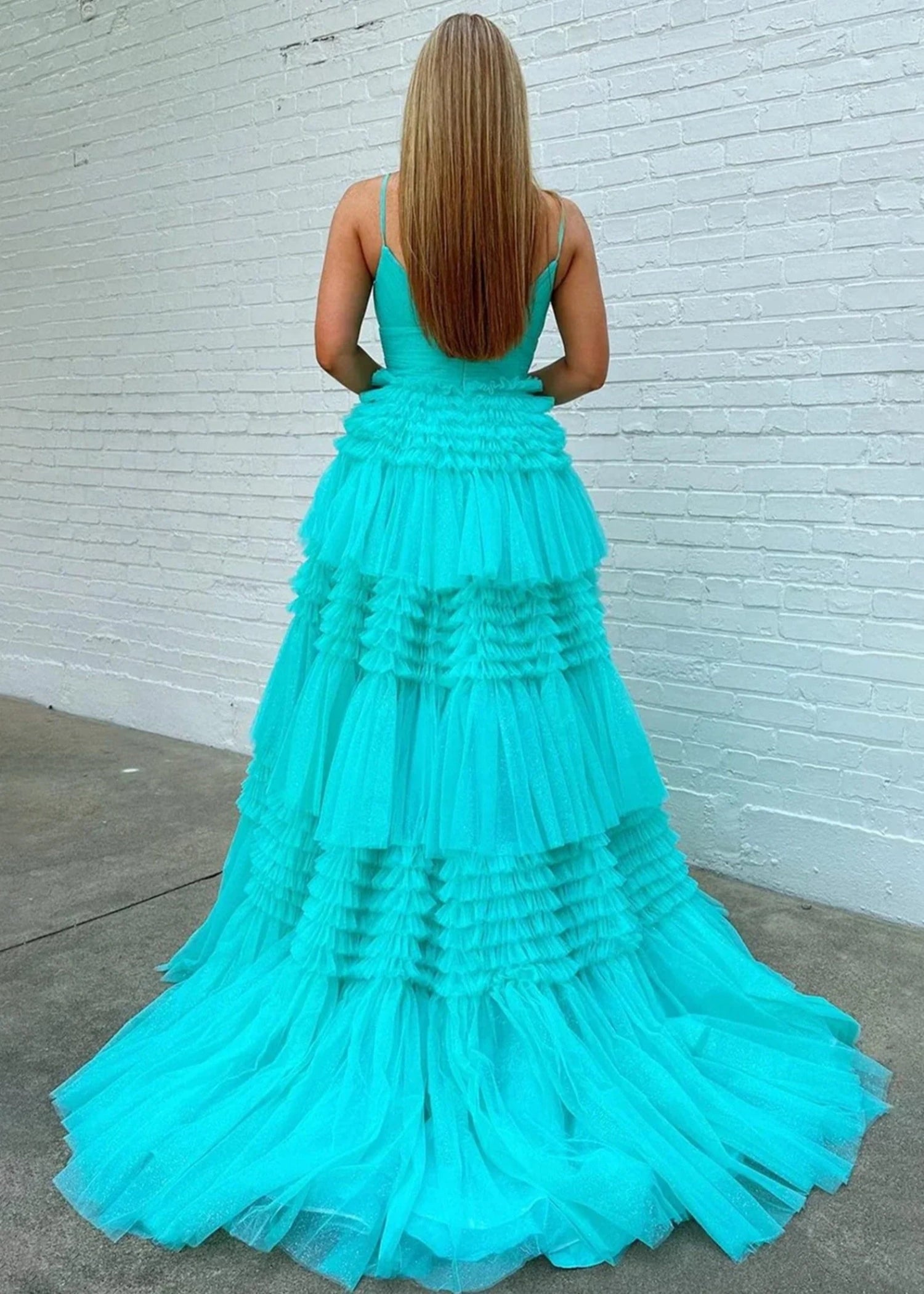 Bridget |A - Line Sweetheart Spaghetti StrapsTiered Tulle Long Black Prom Dress With Split - Aqua - US0 - PromDressClub