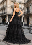 Bridget |A - Line Sweetheart Spaghetti StrapsTiered Tulle Long Black Prom Dress With Split - Black - US0 - PromDressClub