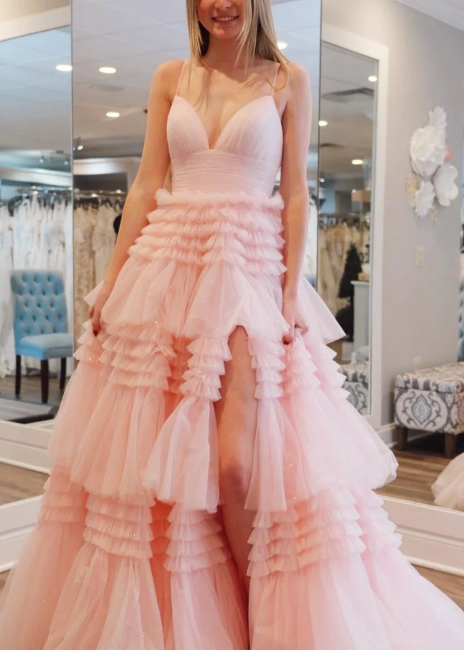 Bridget |A - Line Sweetheart Spaghetti StrapsTiered Tulle Long Black Prom Dress With Split - Light Pink - US0 - PromDressClub