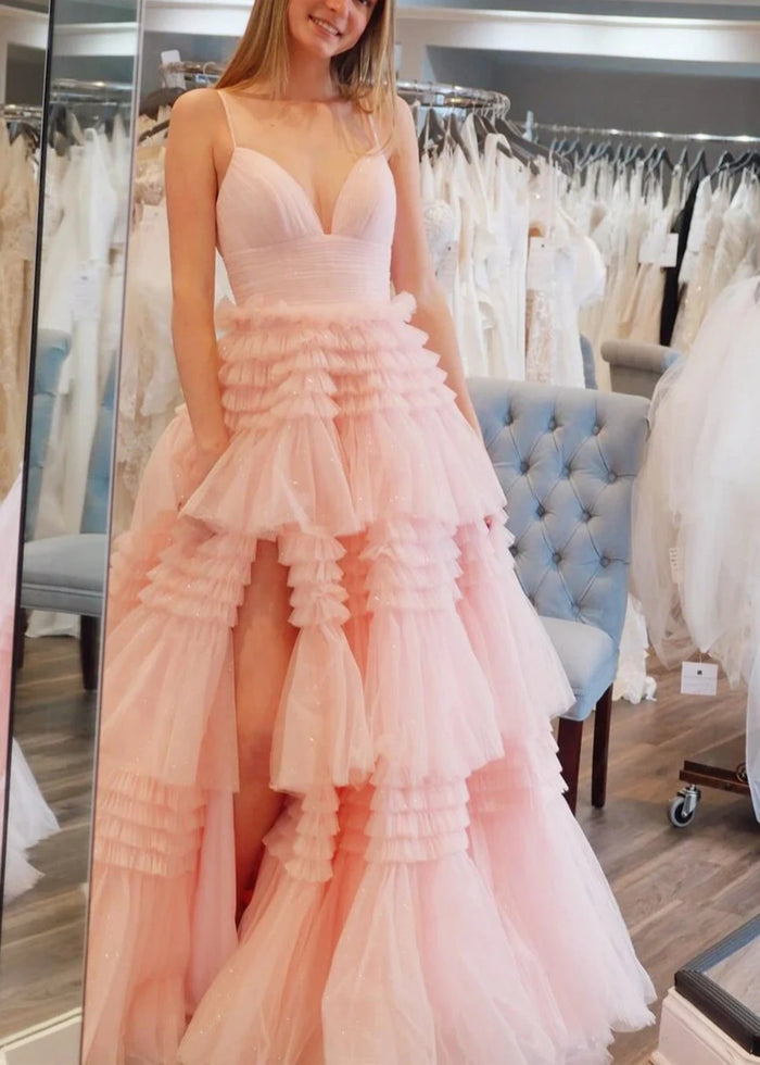 Bridget | Black Sage Green A Line Ruffle V Neck Prom Dress with Slit - Light Pink - PromDressClub
