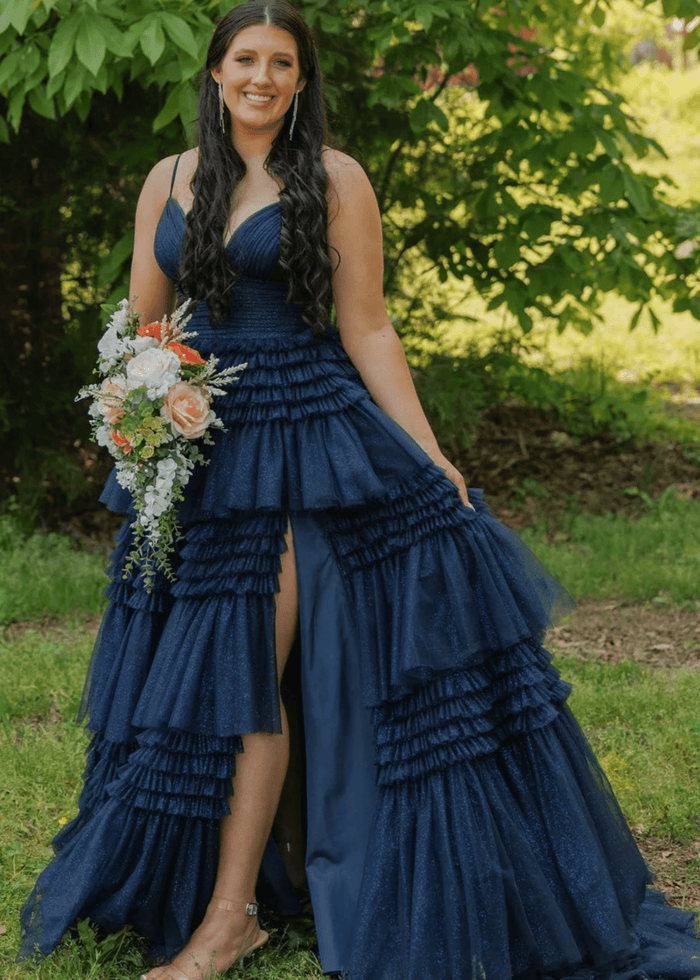 Bridget | Black Sage Green A Line Ruffle V Neck Prom Dress with Slit - Navy Blue - PromDressClub