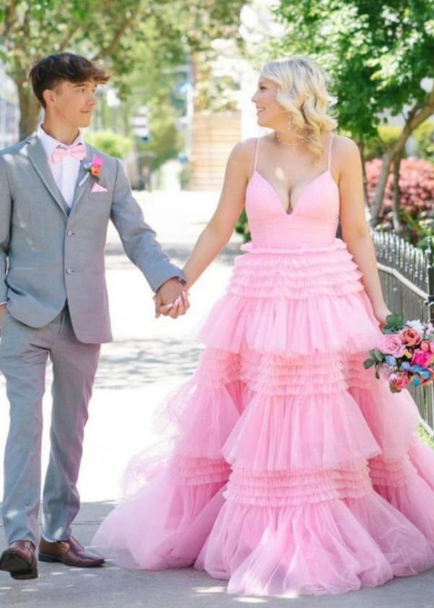 Bridget |A - Line Sweetheart Spaghetti StrapsTiered Tulle Long Black Prom Dress With Split - Pink - US0 - PromDressClub