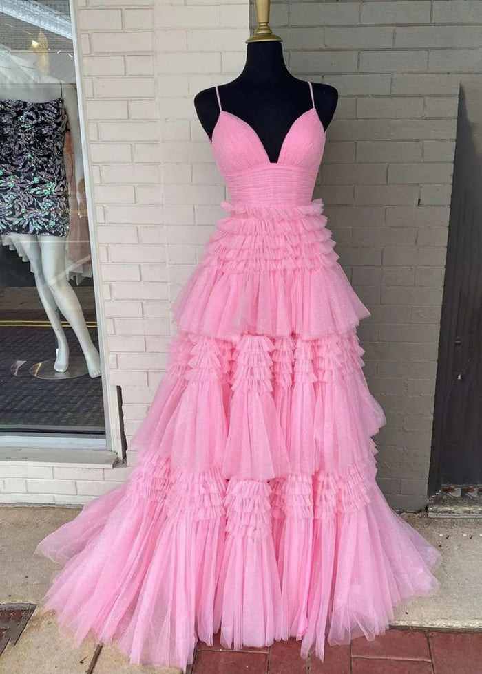Bridget | Black Sage Green A Line Ruffle V Neck Prom Dress with Slit - Pink - PromDressClub