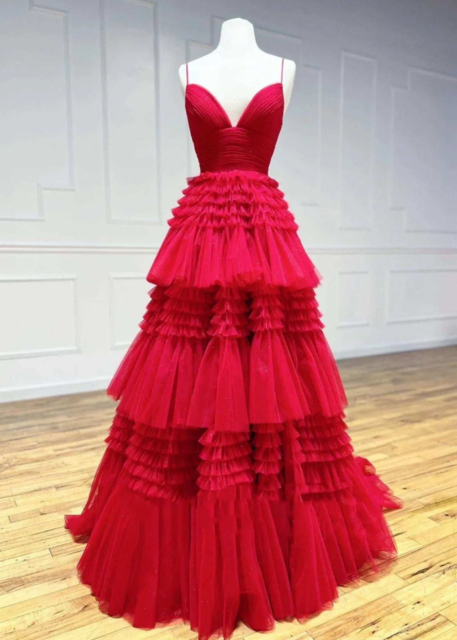 Bridget |A - Line Sweetheart Spaghetti StrapsTiered Tulle Long Black Prom Dress With Split - Red - US0 - PromDressClub