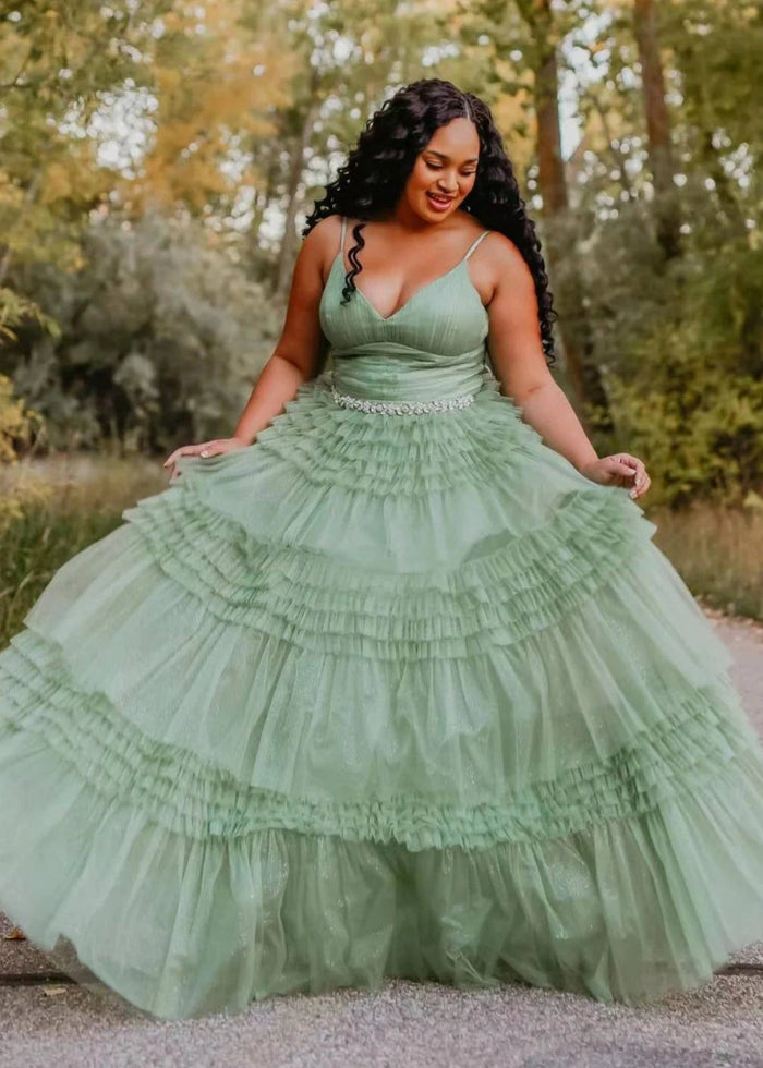 Bridget | Black Sage Green A Line Ruffle V Neck Prom Dress with Slit - Sage - PromDressClub