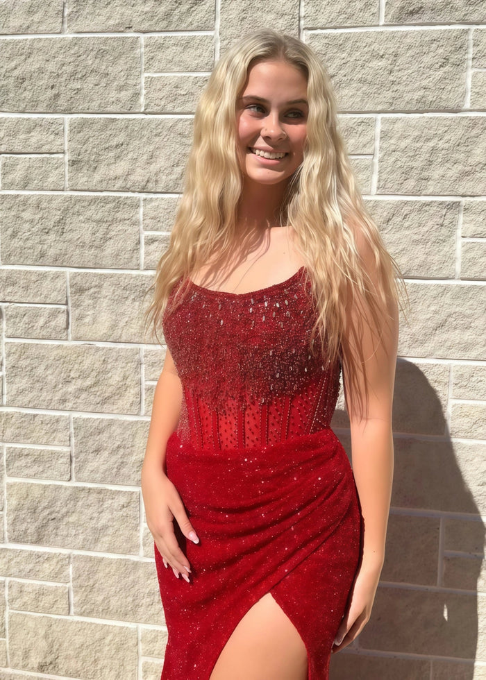Bridget Beaded Red Prom Dress | Mermaid Strapless Corset Pleated Sequins Dress with Slit - Red - PromDressClub
