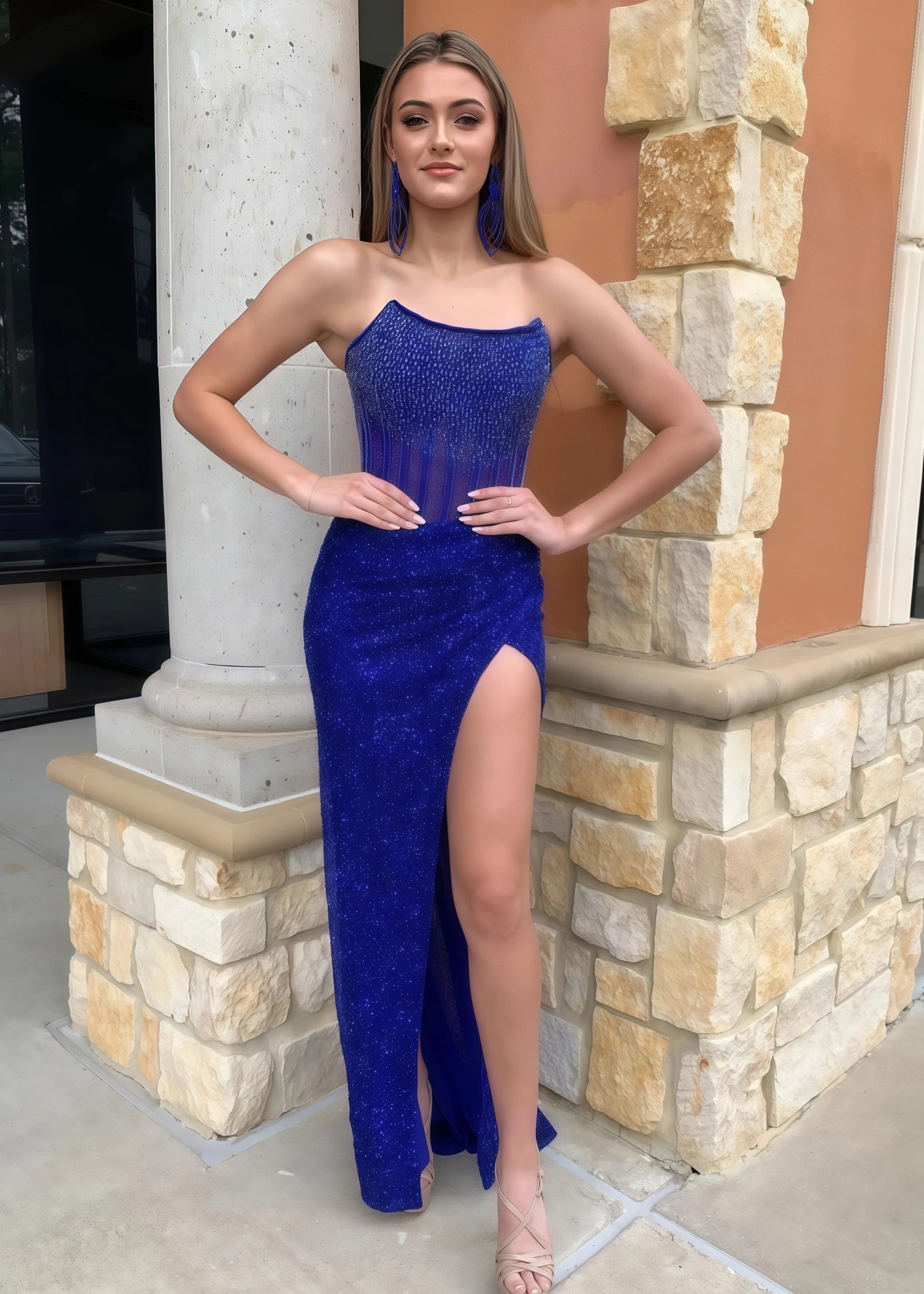 Bridget |Mermaid Sparkly Champagne Strapless Sequins Bodycon Long Corset Long Prom Dress with Beading - Royal Blue - US0 - PromDressClub