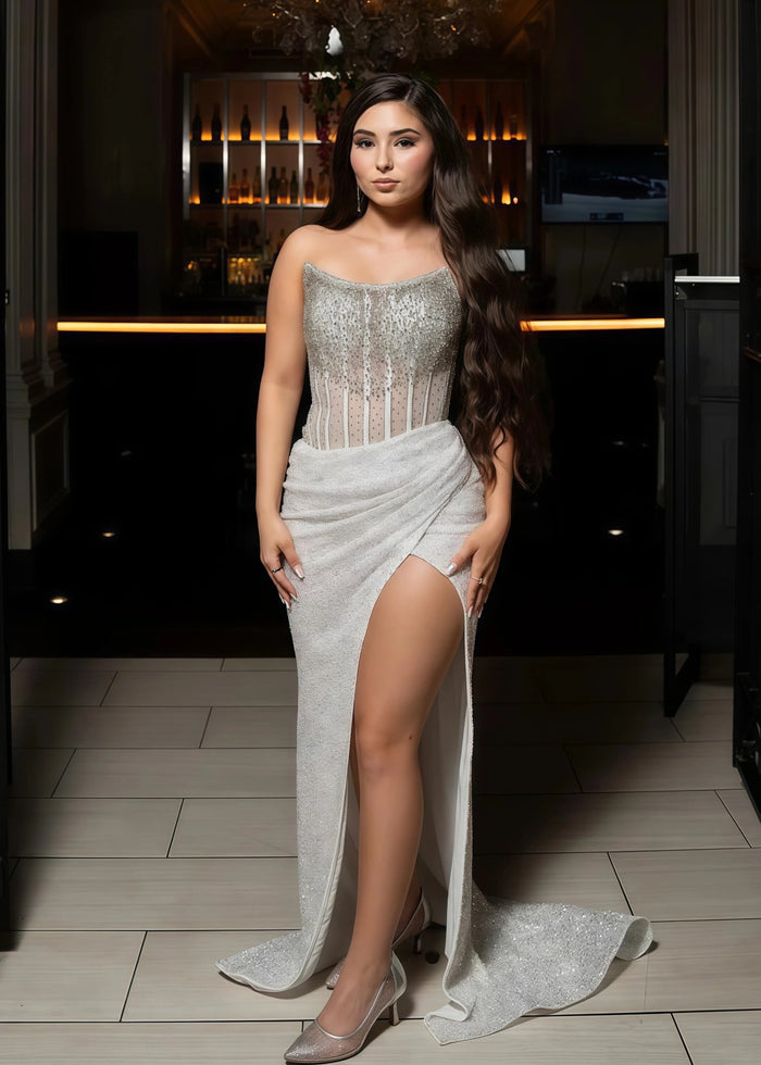 Bridget Beaded Ivory Prom Dress | Mermaid Strapless Corset Pleated Sequins Dress with Slit - Ivory - PromDressClub