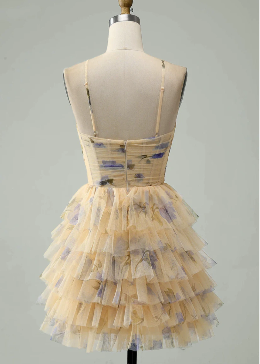 Briseis | Champagne Homecoming Dress: Flattering Ruffles & Photo - Ready Florals - Champagne - PromDressClub