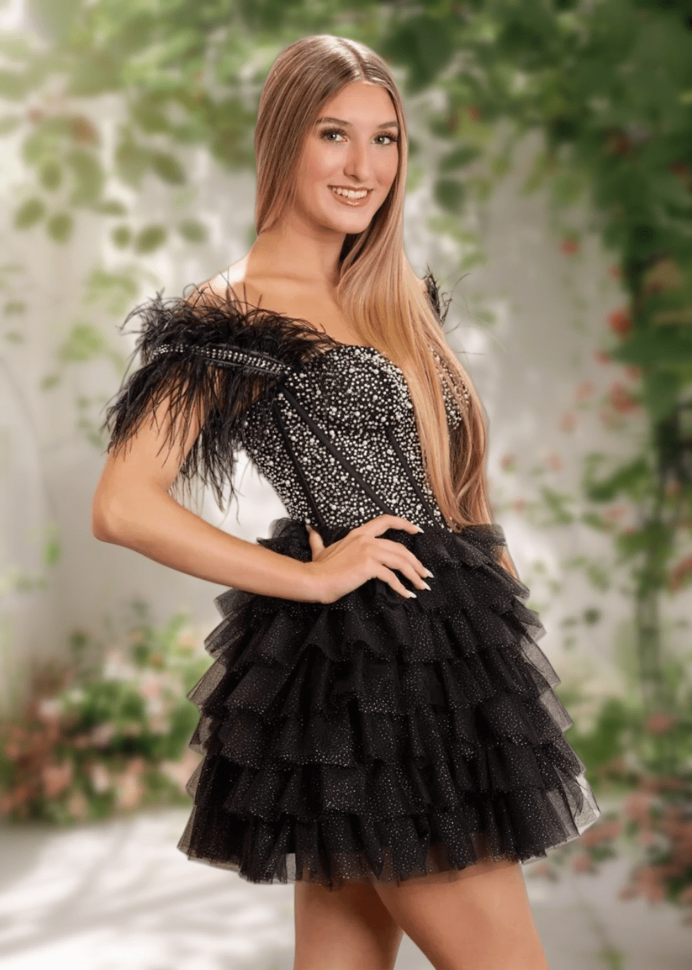 Brooke | A Line Black Tulle Off the Shoulder Beaded Feather Ruffle Cocktail Dress - Black - PromDressClub