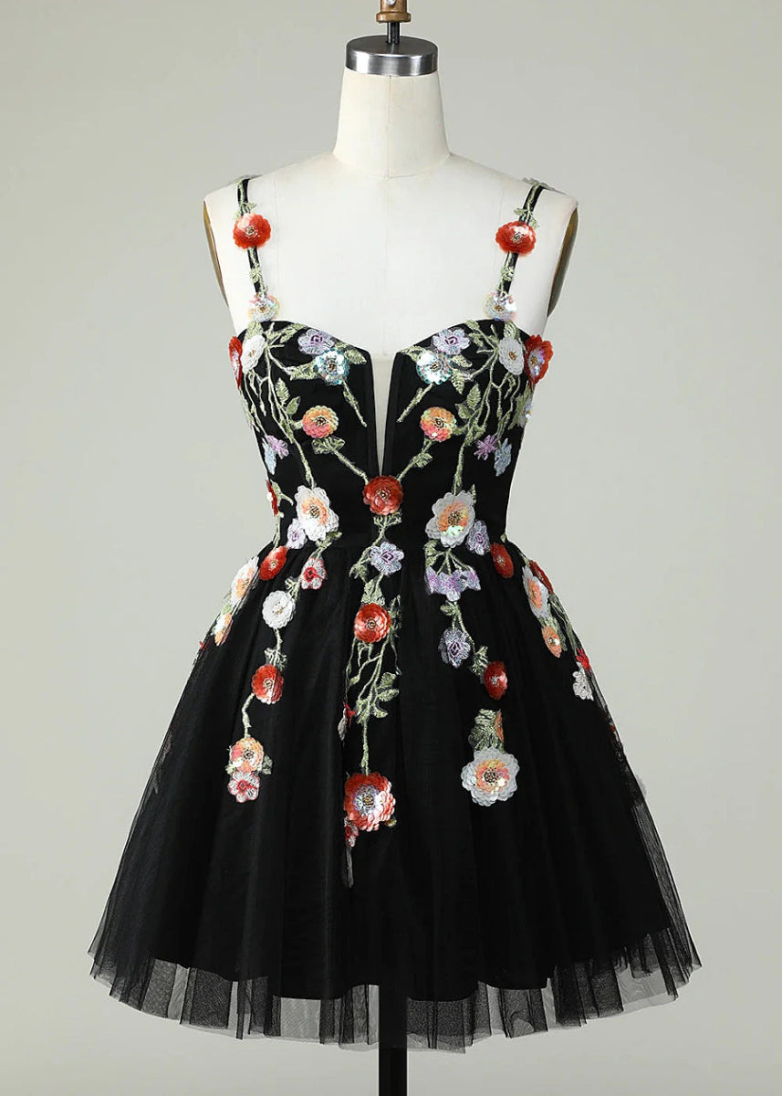 Caliandra | Slay Homecoming Night in a Showstopping Black Corset Dress - Black Floral - PromDressClub