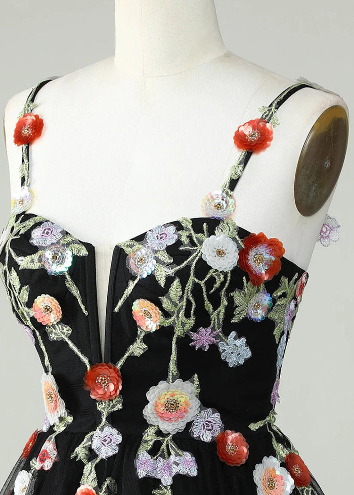 Caliandra | Slay Homecoming Night in a Showstopping Black Corset Dress - Black Floral - PromDressClub