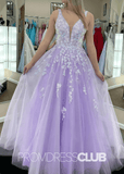 Candice | Lavender Prom Dresses Long A - Line Deep V Neck with Appliques - Lavender - PromDressClub