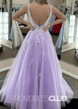 Candice | Lavender Prom Dresses Long A - Line Deep V Neck with Appliques - Lavender - PromDressClub