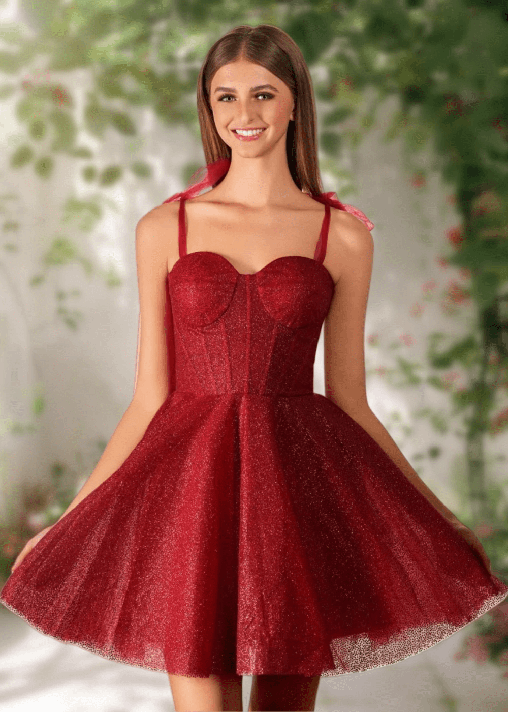 Cara | Ivory Glitter Sequin A Line Corset Short Homecoming Dress Bow - Burgundy - PromDressClub
