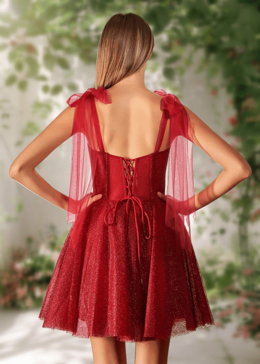 Cara | Ivory Glitter Sequin A Line Corset Short Homecoming Dress Bow - Burgundy - PromDressClub