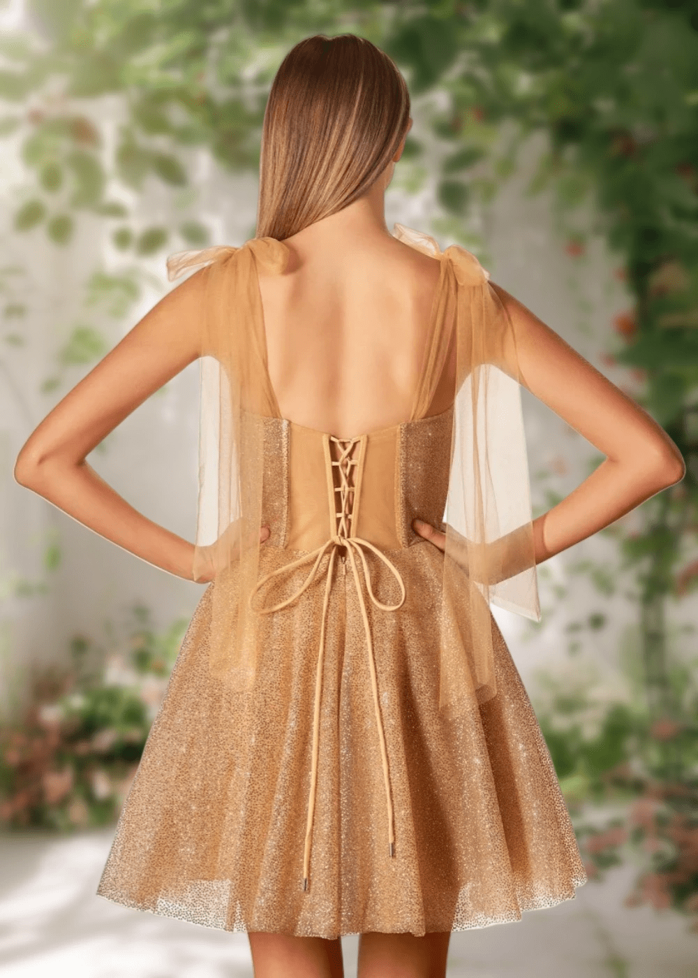 Cara | Ivory Glitter Sequin A Line Corset Short Homecoming Dress Bow - Champagne - PromDressClub