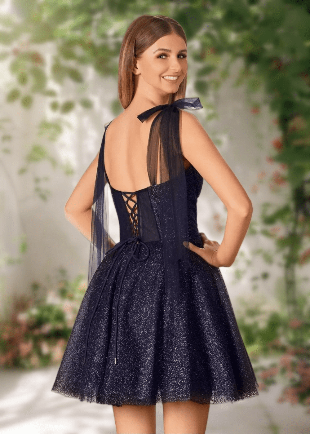 Cara | Ivory Glitter Sequin A Line Corset Short Homecoming Dress Bow - Navy Blue - PromDressClub