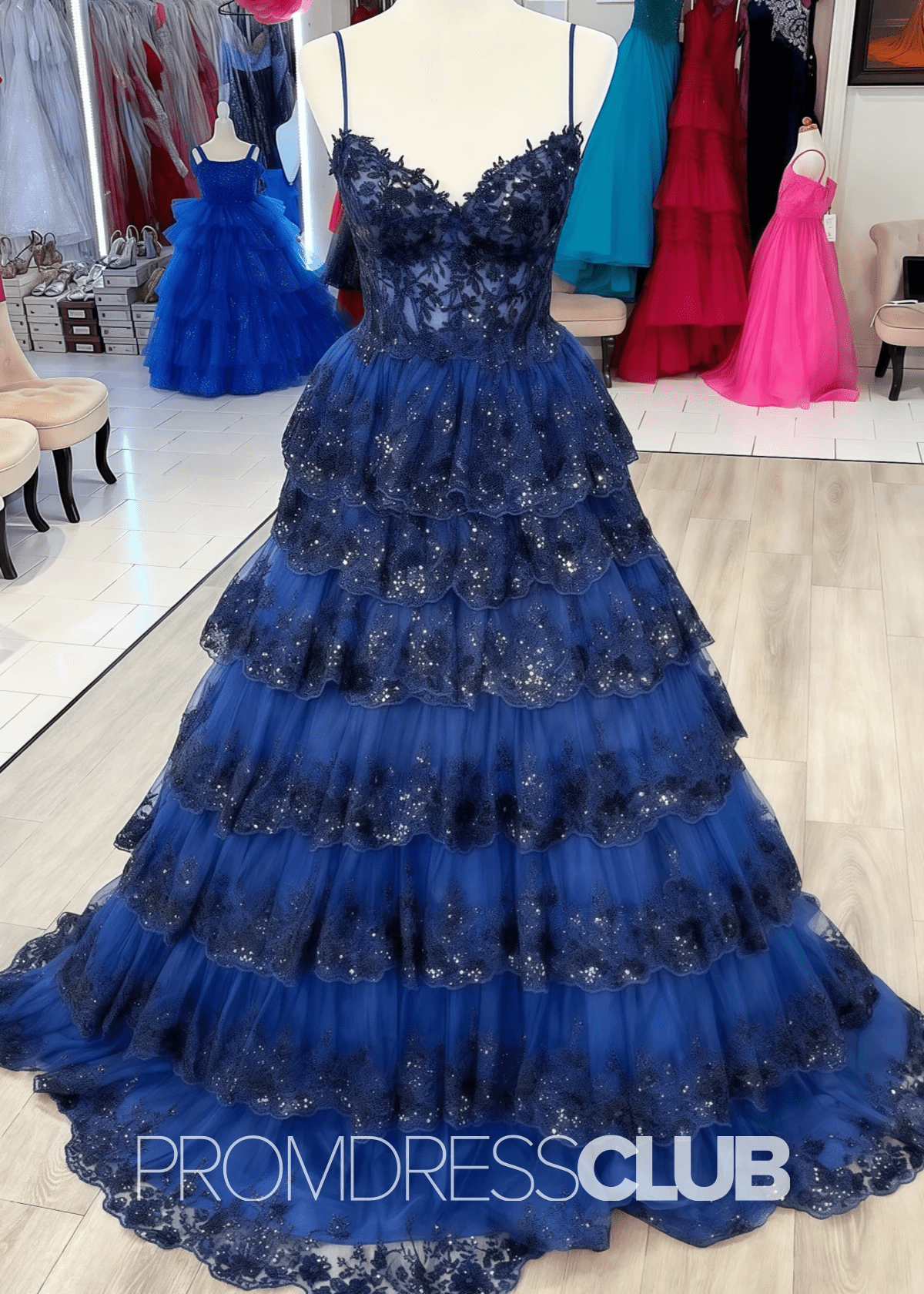 Carol |Red Dress Prom Long A - Line Spaghetti Straps Lace with Ruffles - Navy Blue - PromDressClub