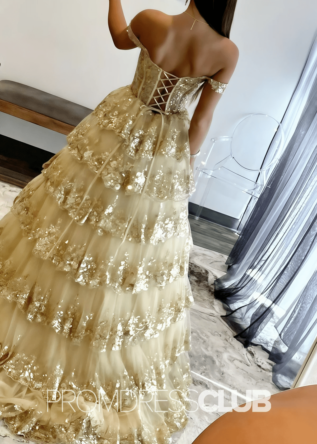 Catherine |Gold Sequin Prom Dress Long A - Line Off The Shoulder With Appliques - Gold - PromDressClub