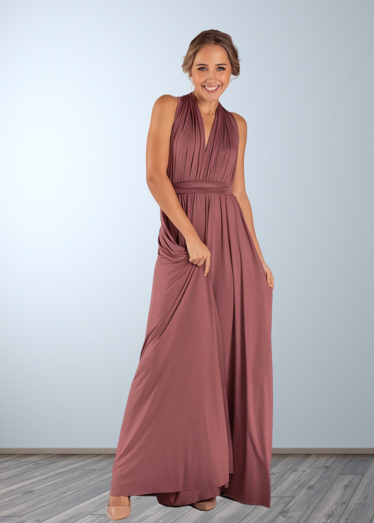 Cathy | Chic Infinity Dusty Rose Chiffon Maxi Bridesmaid Dress with Convertibl - Dusty Rose - PROMDRESS Club