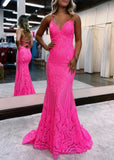 Cathy | Long Pink Prom Dress Sequin With Bodycon Mermaid V Neck Glitter Backless - Pink - US0 - PromDressClub