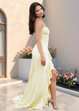 Charlotte | Chic Strapless Yellow Satin Prom Dress with Train – Shine Bright at Your Prom - Yellow - PromDressClub