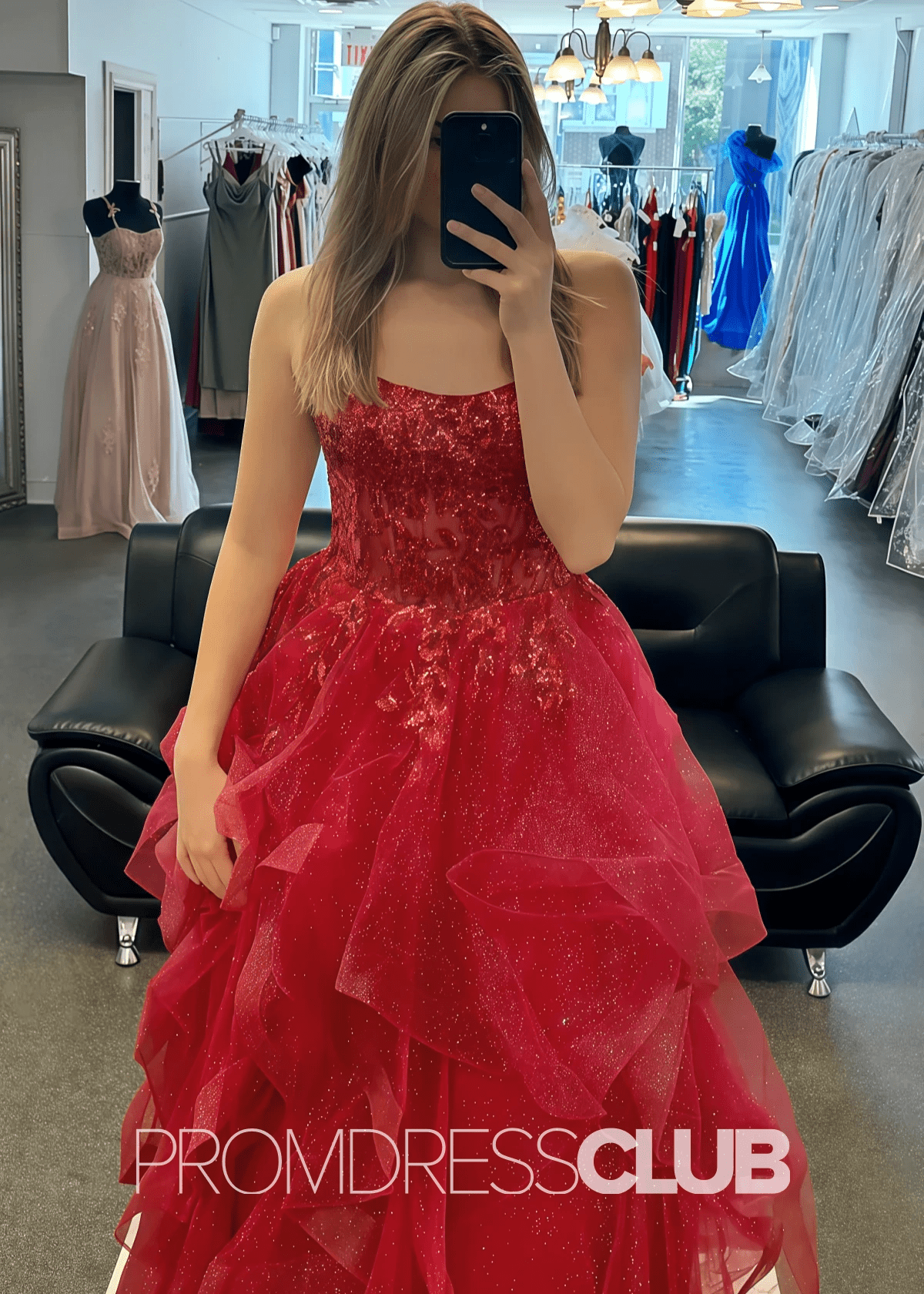 Cherry |Red Dress Prom Long A Line Scoop Sparkly Appliques - Red - PromDressClub