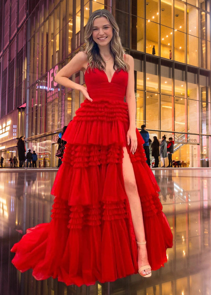 Cheryl | Red A Line Backless Ruffle Tulle Prom Dress with Slit - Red - PromDressClub