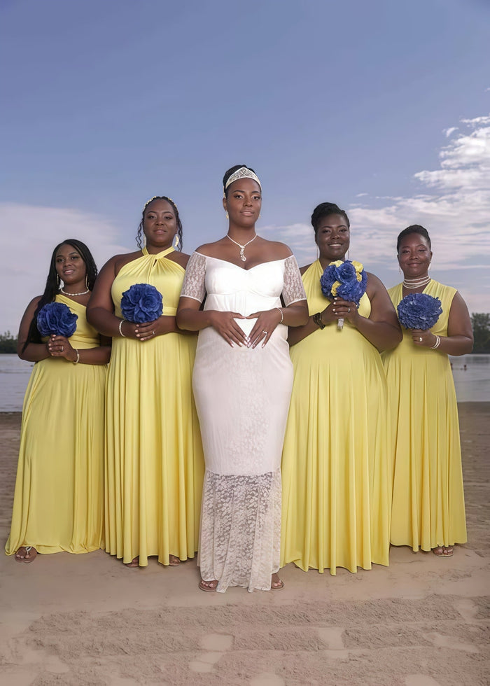 Cheryl| Lavish Looks Convertible Pale Yellow Chiffon Maxi Bridesmaid Dress with Multiway Infinity - Price #price_variant_lowest# - Pale Yellow - PromDressClub