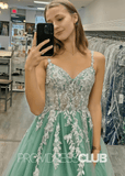 Cheryl |Sage Green Prom Dresses Long A Line Sparkly Spaghetti Straps with Appliques - Sage - PromDressClub