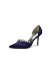 Chic Satin Heels with Pearls: Elevate Your Style with Pointed Toe Heels Color Navy Blue