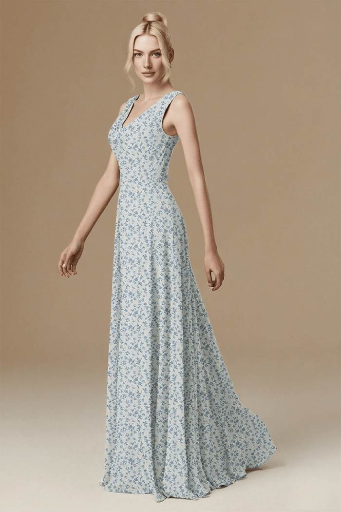 Chic Sensibility Blue and White Floral Bridesmaid Dress for Outdoor Elegance - Blue Floral - PromDressClub