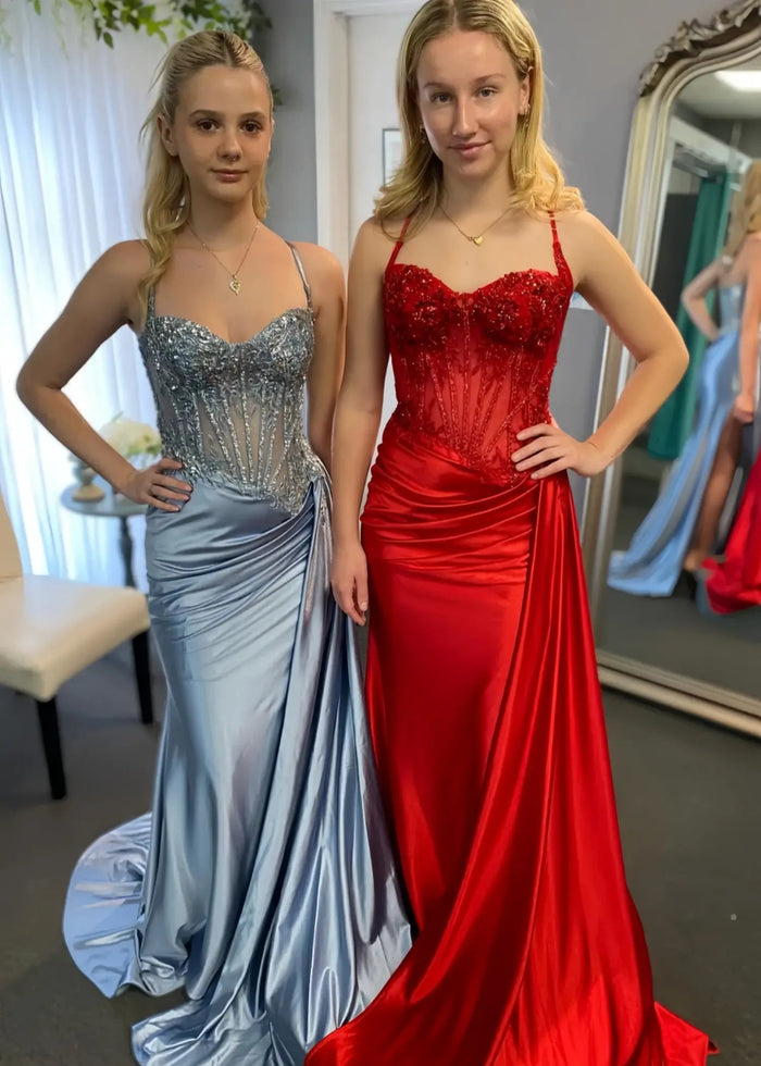 Christie | Trumpet/Mermaid Sweetheart Neck Red Lace Plus Size Prom Dress with Slit - Light Blue - PromDressClub