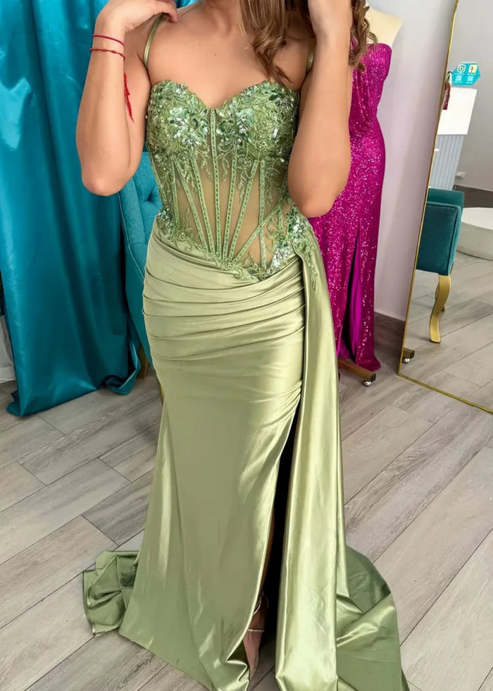Christie | Trumpet/Mermaid Sweetheart Neck Red Lace Plus Size Prom Dress with Slit - Sage - PromDressClub