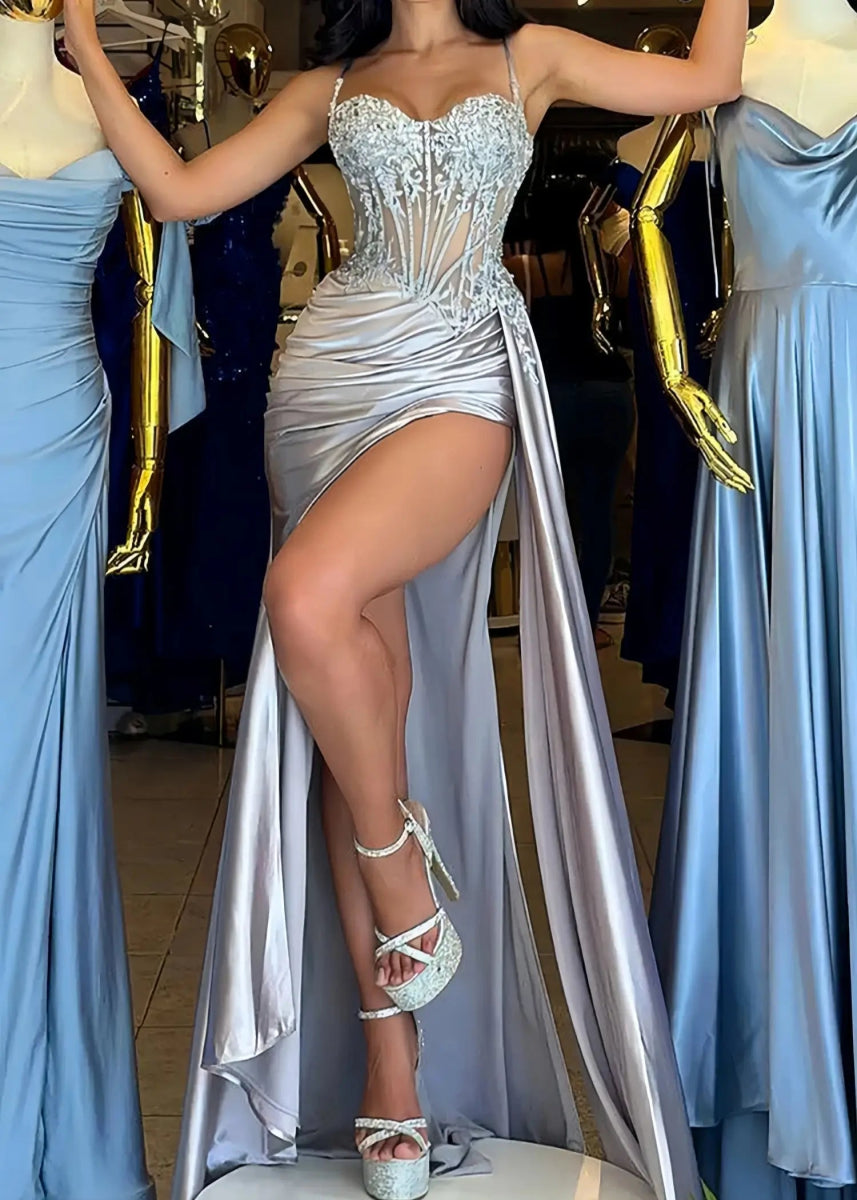 Christie | Trumpet/Mermaid Sweetheart Neck Red Lace Plus Size Prom Dress with Slit - Silver - PromDressClub