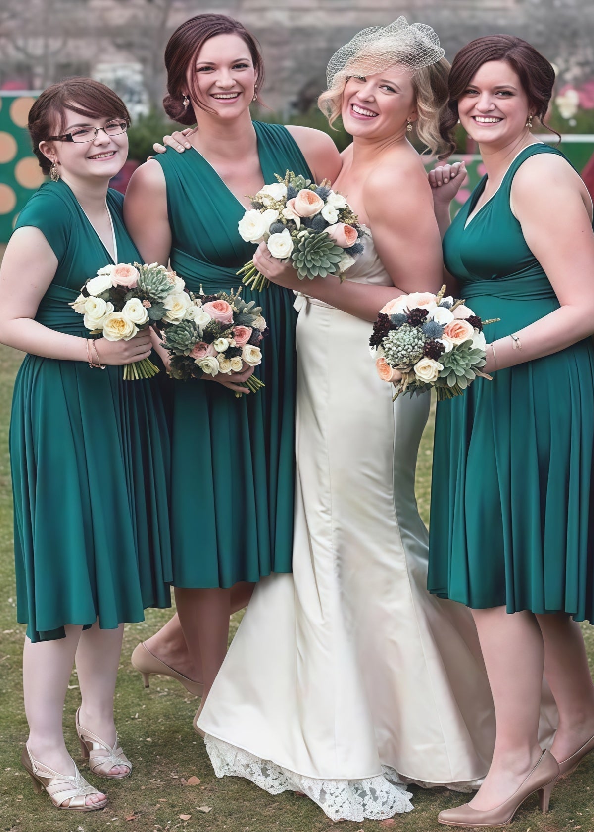 Christine | Immensely Glam Convertible Emerald Green Chiffon Mini Bridesmaid Dress with Multiway Infinity - Dark Green - PROMDRESS Club