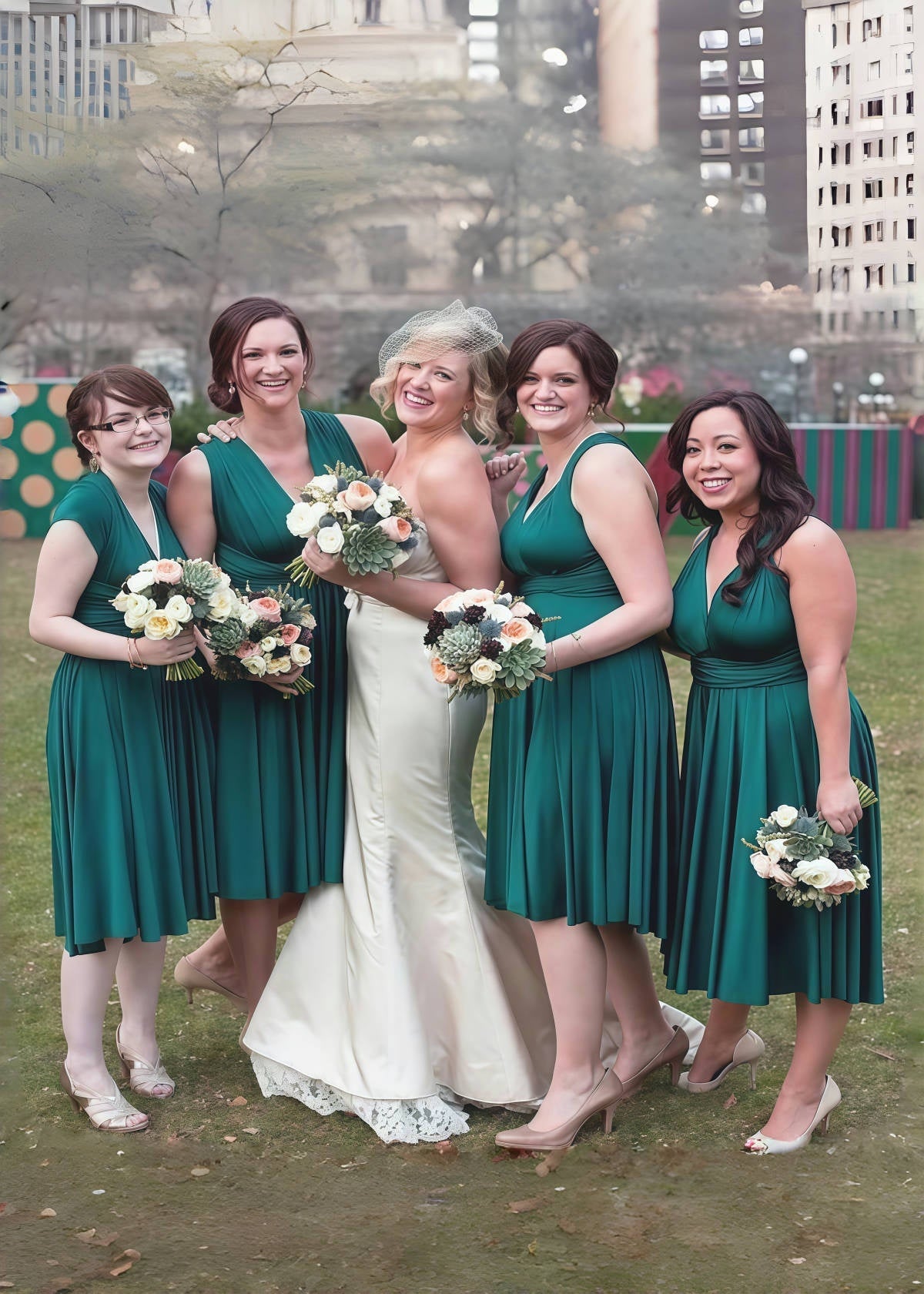 Christine | Immensely Glam Convertible Emerald Green Chiffon Mini Bridesmaid Dress with Multiway Infinity - Dark Green - PROMDRESS Club