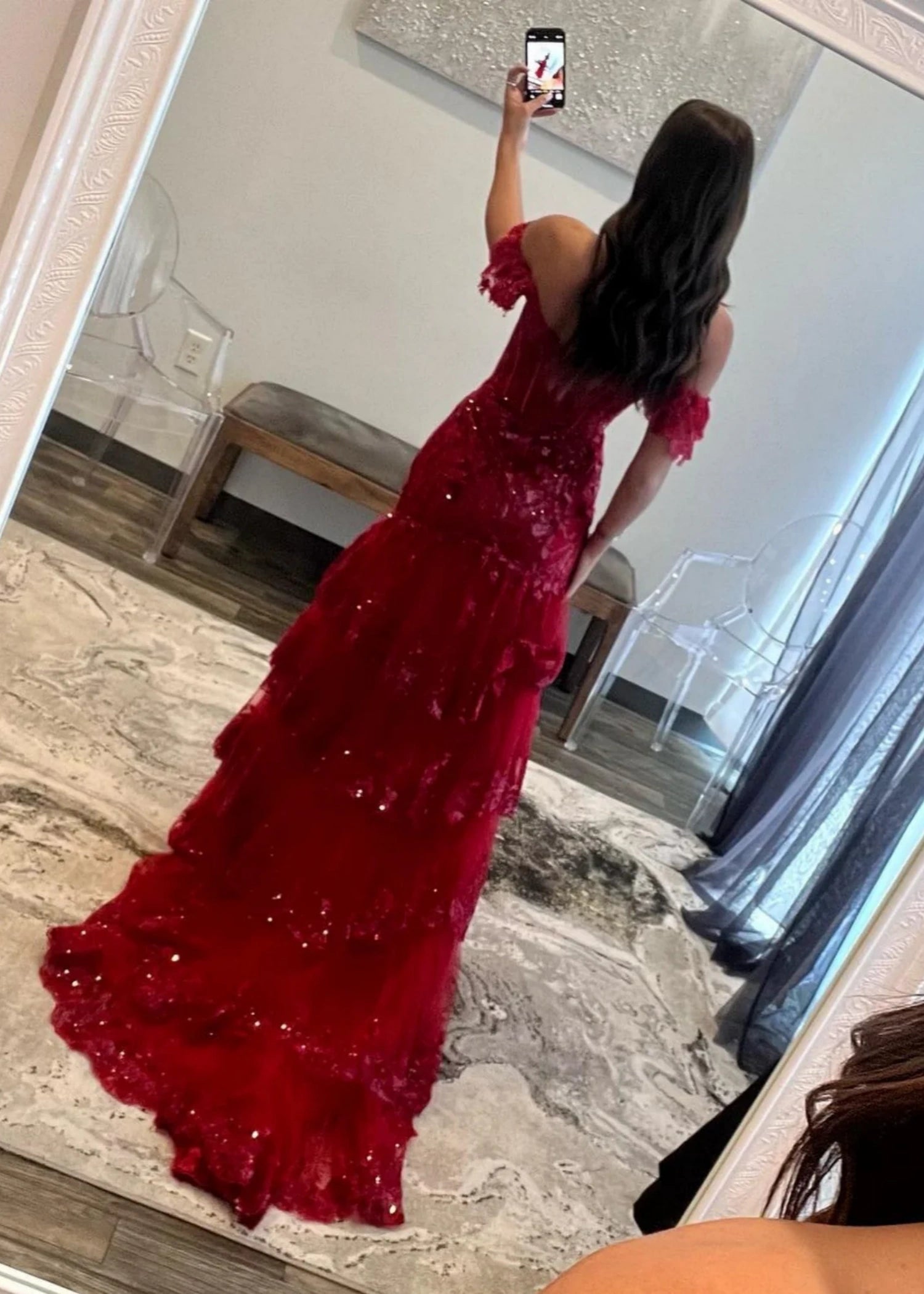 Arlene |Sheath Off the Shoulder Long Black Lace Prom Dress With Slit (Lace - up Back) - Red - US0 - PromDressClub