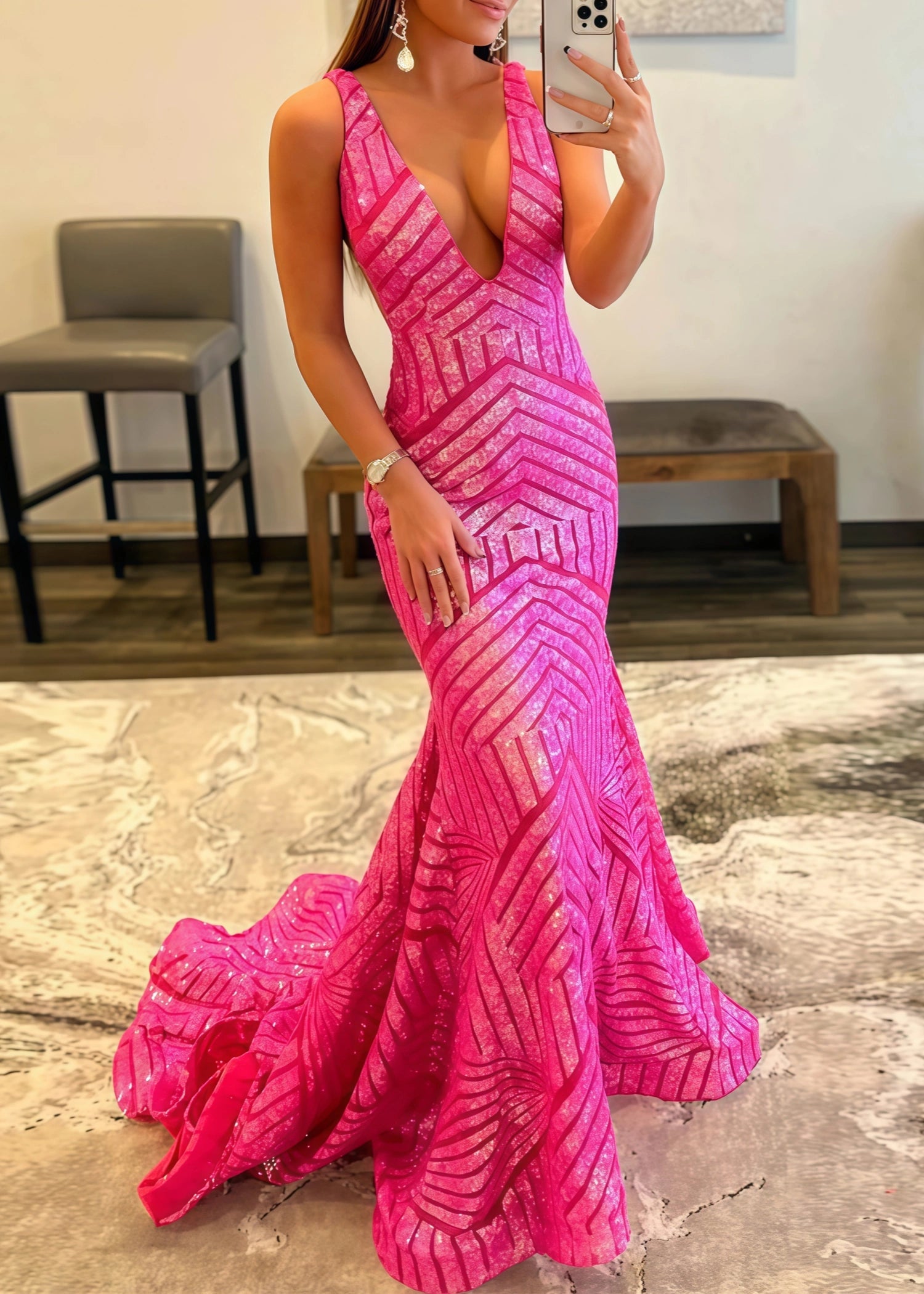 Claire |Mermaid Deep V Neck Green Sequins Long Prom Dress - Fuchsia - US0 - PromDressClub