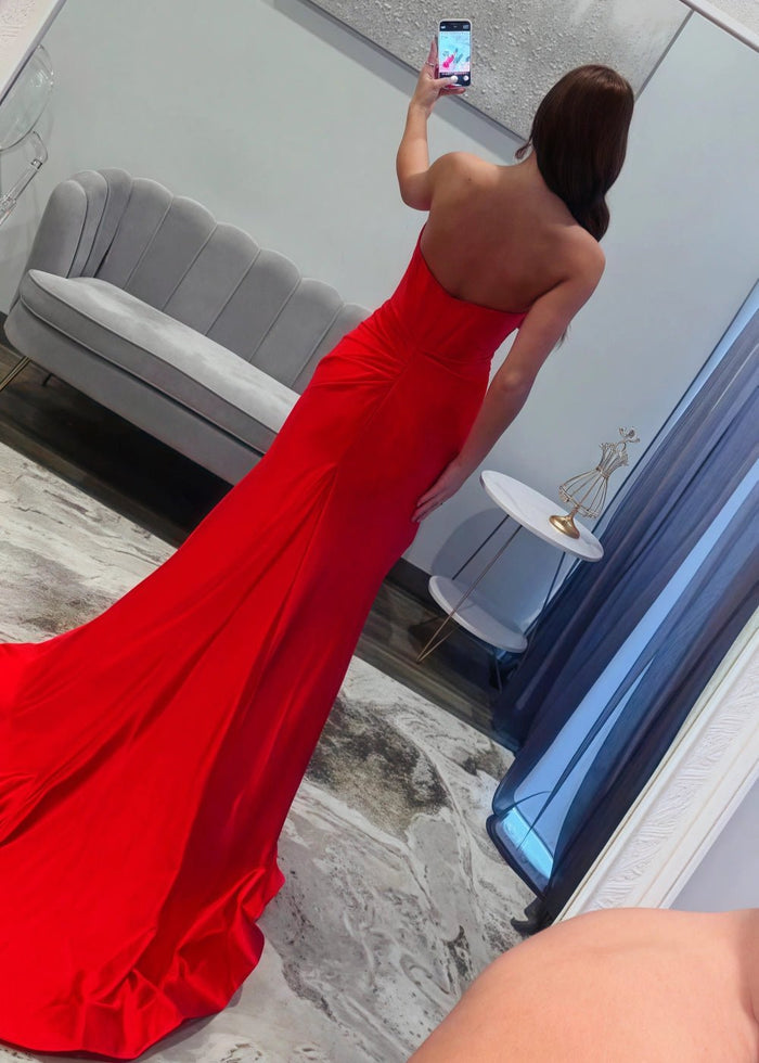 Clara | Stand Out in Style with Our Hot Pink Strapless Pleated Formal Dress with Bow Details - Red - PromDressClub