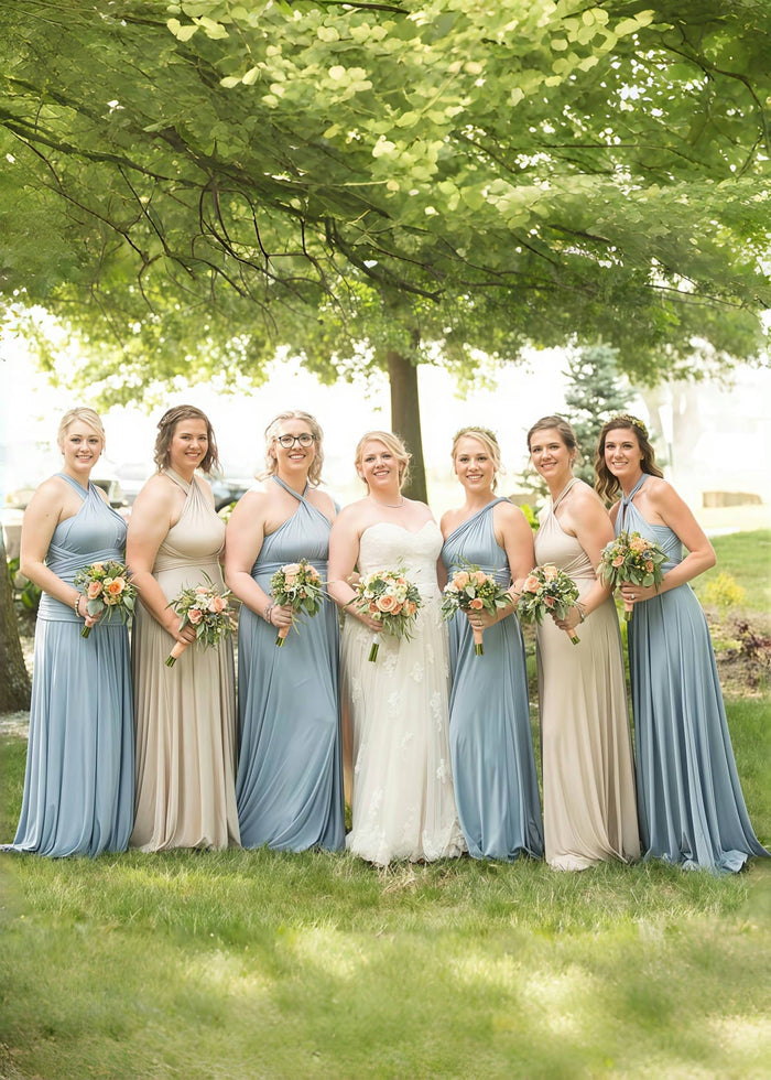 Cora | Most Beautiful Day Beige Champagne Infinity Chiffon Maxi Bridesmaid Dress with Multiway Convertible - Price #price_variant_lowest# - Dusty Blue - PromDressClub