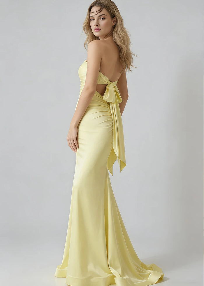 Cora Yellow Strapless Prom Dress with Cutouts | Mermaid Sweetheart Neckline Backless Pleated Satin Formal Dress with Bow - Yellow - PromDressClub