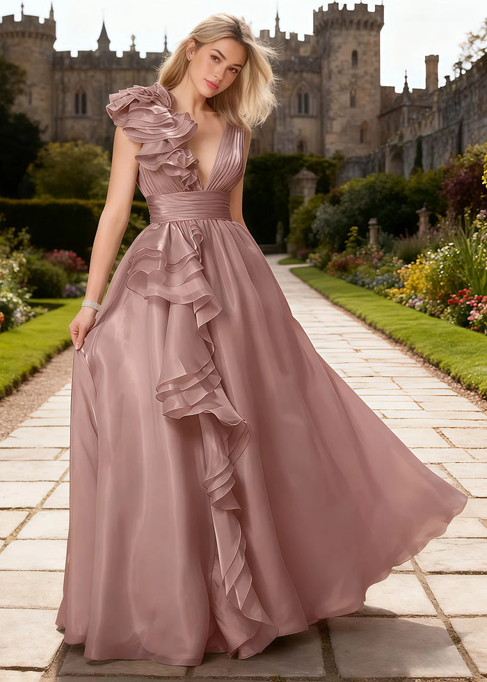 Coral Dusty Rose Chiffon Prom Dress Ruffles | A - Line V - Neck Floor Length Backless Formal Dress - Dusty Rose - PromDressClub