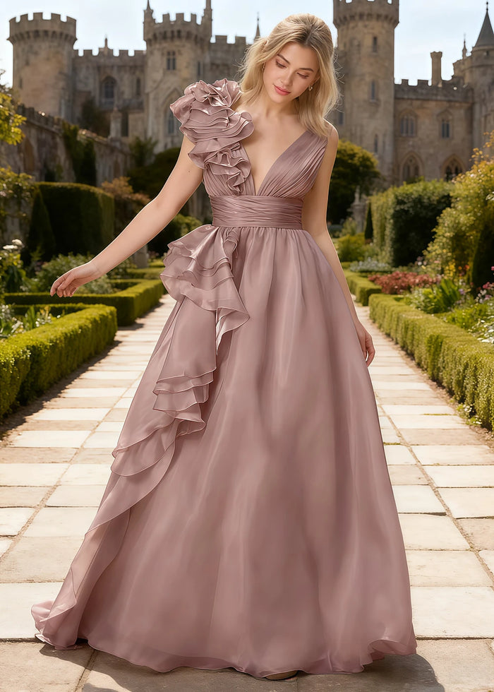 Coral Dusty Rose Chiffon Prom Dress Ruffles | A - Line V - Neck Floor Length Backless Formal Dress - Dusty Rose - PromDressClub