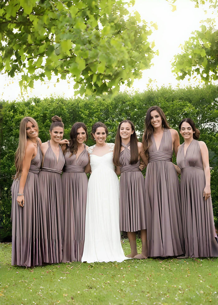 Coral | Ethereal Elegance Convertible Taupe Chiffon Maxi Bridesmaid Dress with Multiway Infinity - Price #price_variant_lowest# - Taupe - PromDressClub