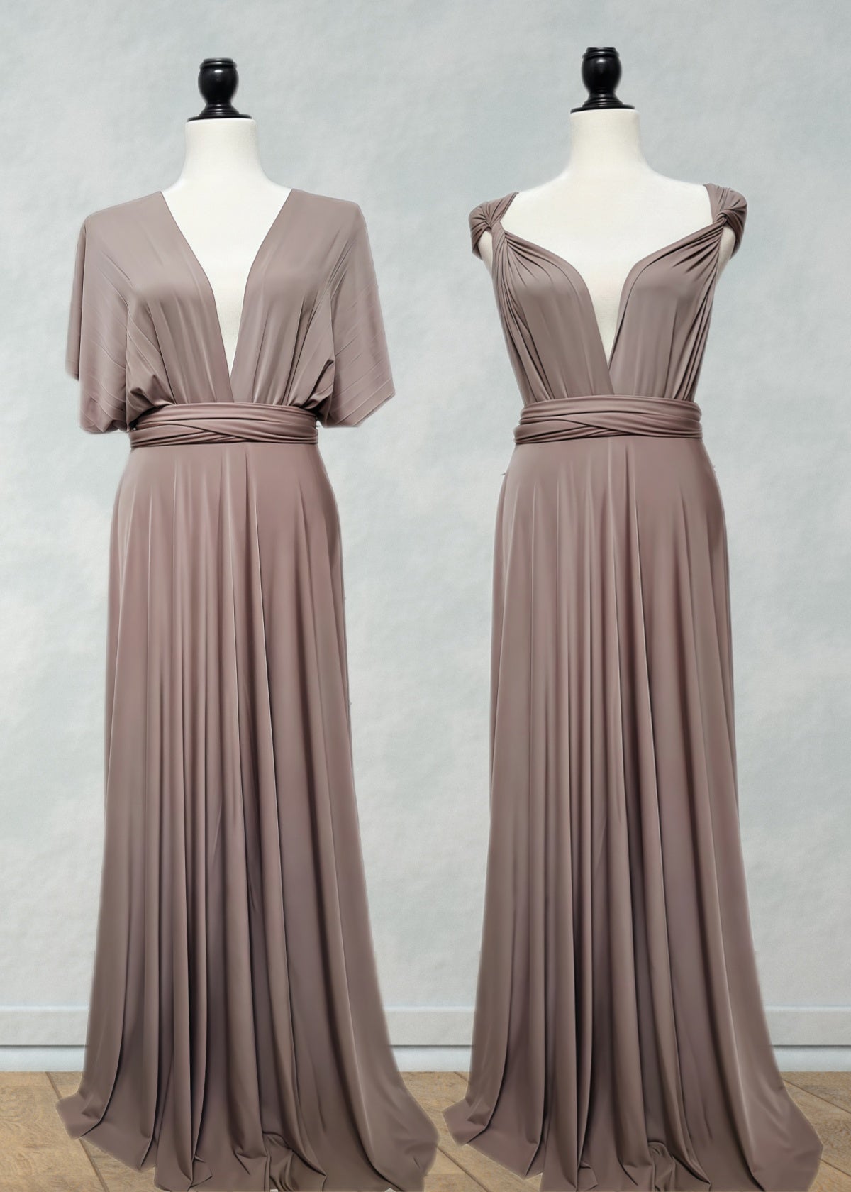 Coral | Ethereal Elegance Convertible Taupe Chiffon Maxi Bridesmaid Dress with Multiway Infinity - Taupe - PROMDRESS Club